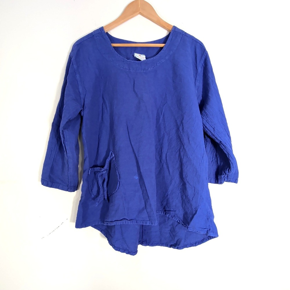 Sea Breeze Blue 3/4 Sleeve Tunic; Cotton Gauze, Hi-Low Hem, Tie Pocket